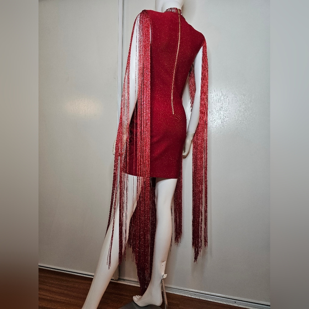 Anewsta Fringe Bodycon Evening Cocktail Dress Size S EU 36 US 4 Deep V Sparkle - Picture 3 of 16